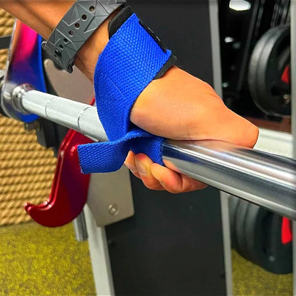 Red Reps blue neoprene padded Lasso Weightlifting straps for bodybuilding, powerlifting, heavy deadlifting and grip support - model product photography demonstration