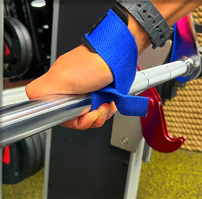 Red Reps blue neoprene padded Lasso Weightlifting straps for bodybuilding, powerlifting, heavy deadlifting and grip support - model product photography demonstration